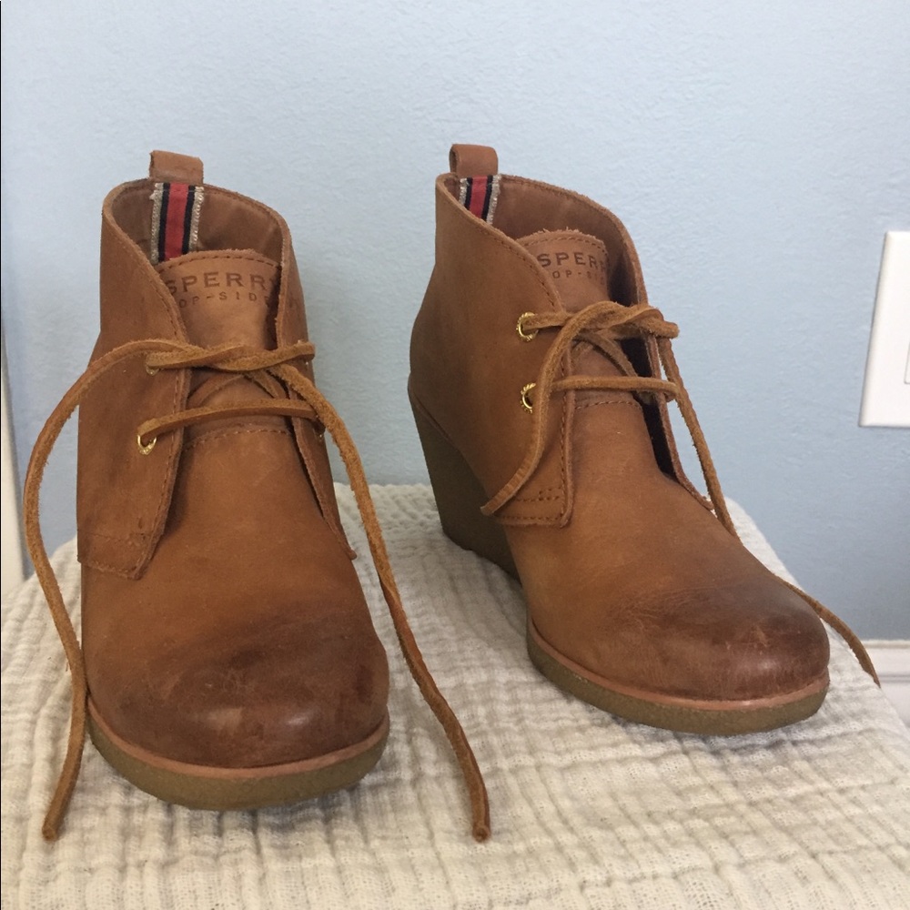 Sperry Top-Sider brown leather wedge booties